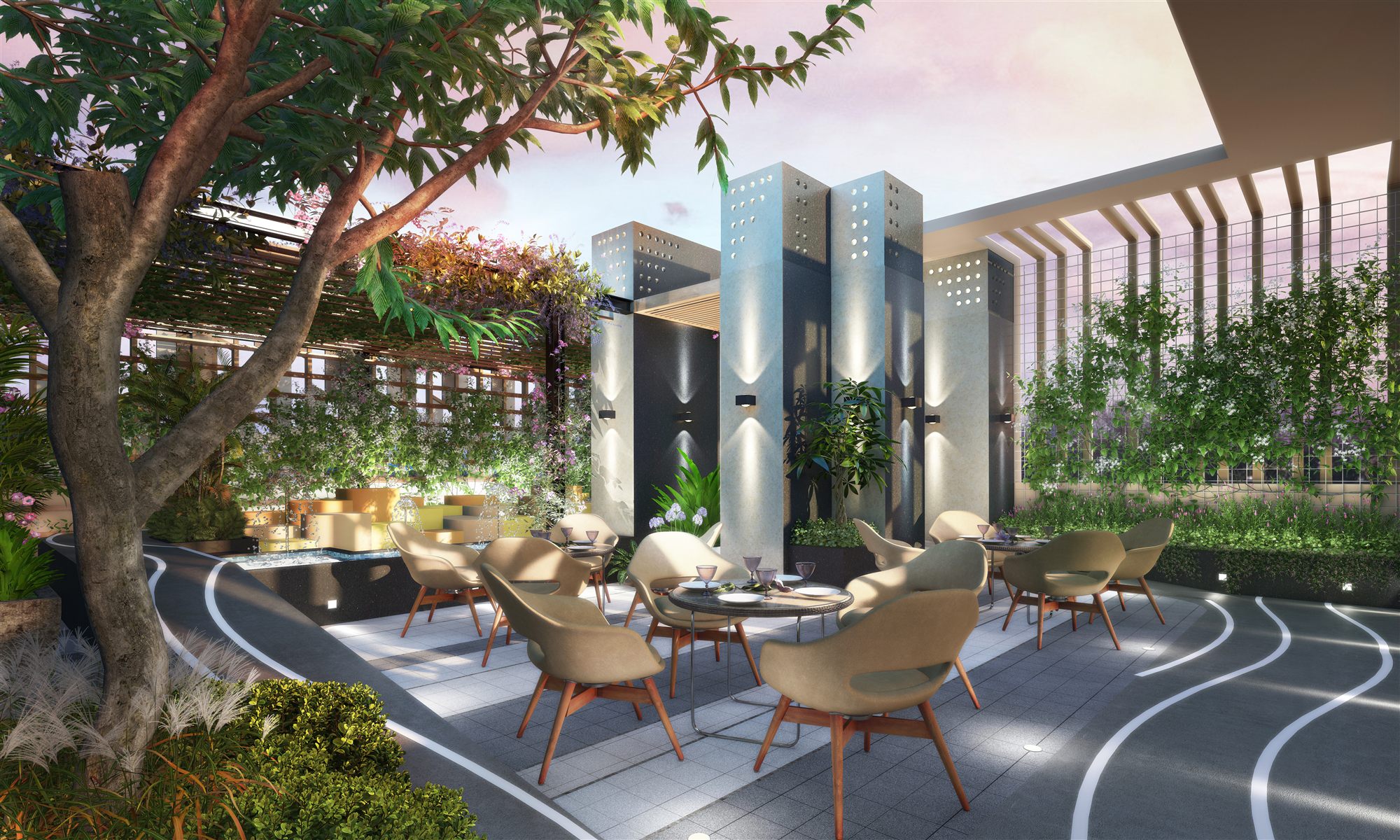 Landscaped terrace dining lounge with sculptural light columns, mature trees and curved walking paths.