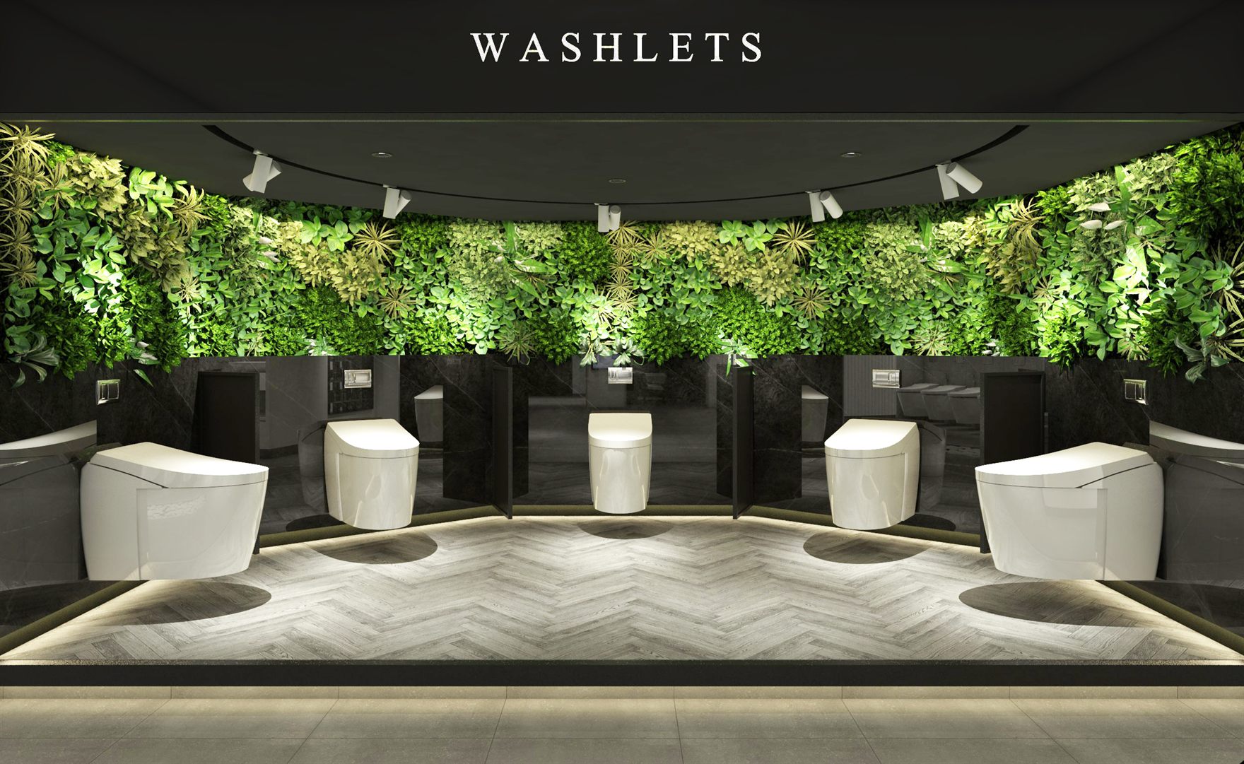 Curved black-ceiling bay signed WASHLETS with five smart toilets lined up on herringbone timber flooring beneath a green living wall