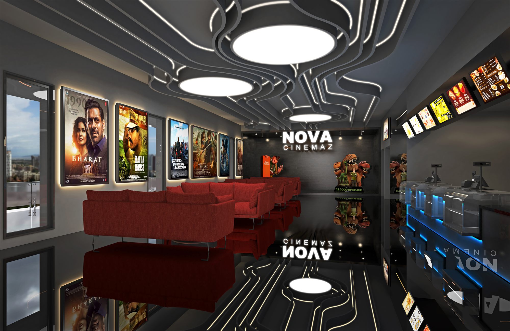NOVA Cinemaz lobby render with reflective black floor, circuit-line ceiling, poster wall and a row of red sofas.