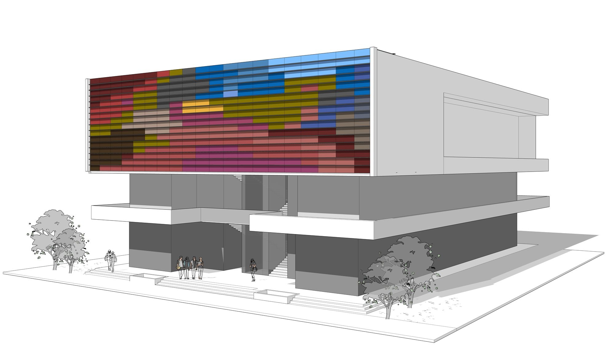 Three-quarter massing render of the two-storey cinema with its vivid mosaic-coloured upper facade and landscaped entry.