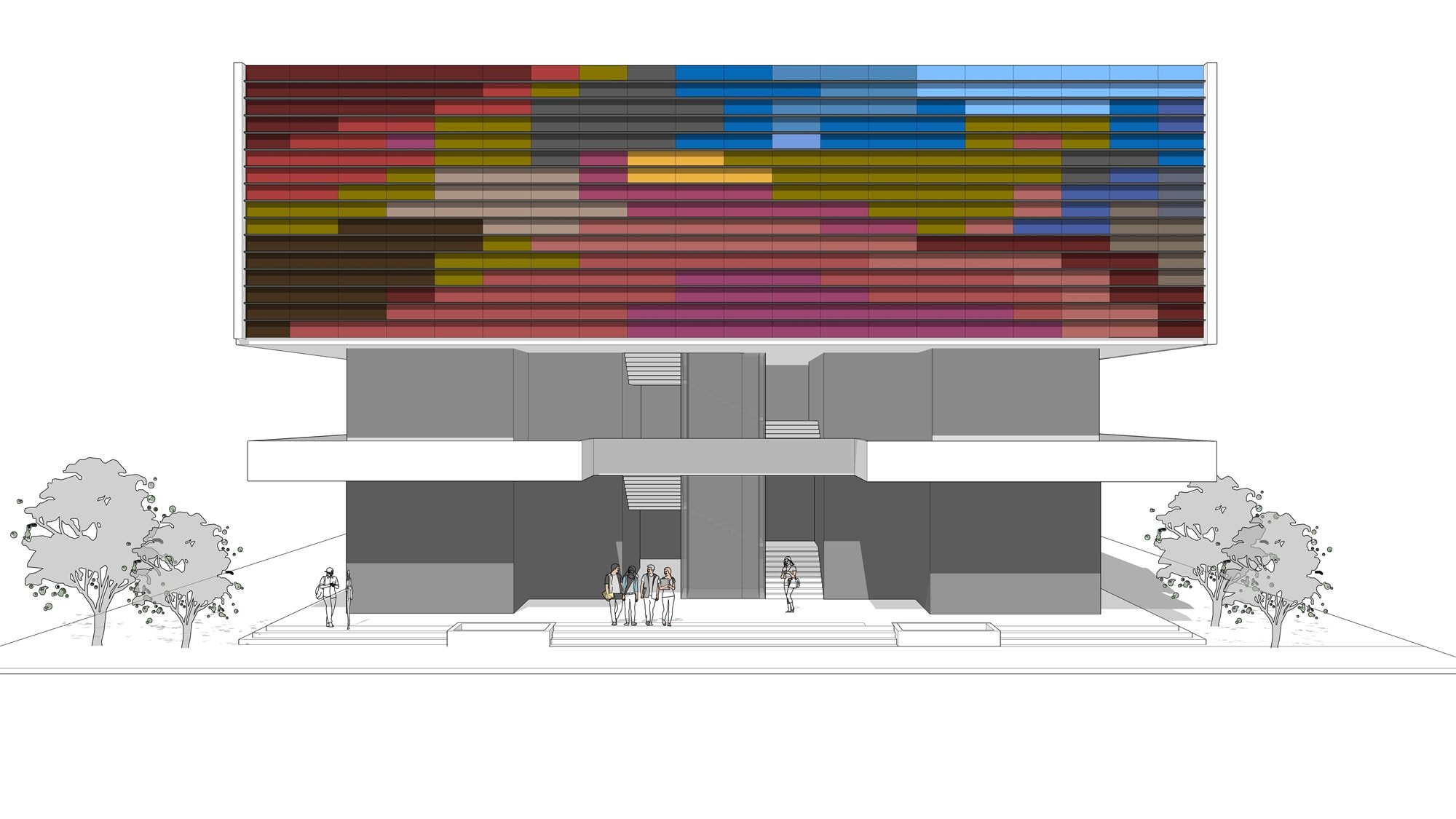 Front elevation showing the multiplex topped by a pixelated multi-colour facade band over a recessed grey base.