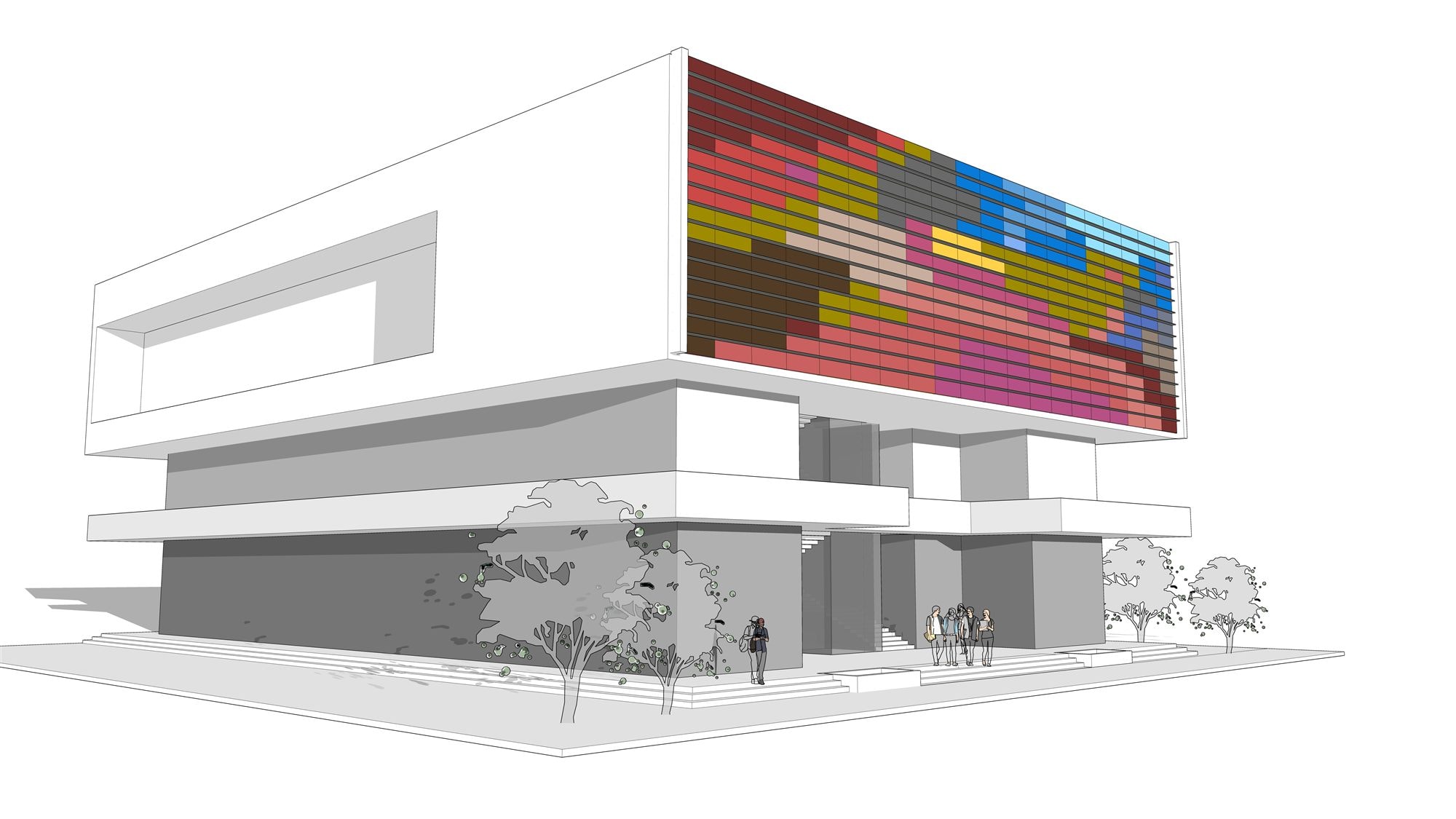 Corner exterior massing view emphasising the floating coloured-tile volume above a white cantilevered base.