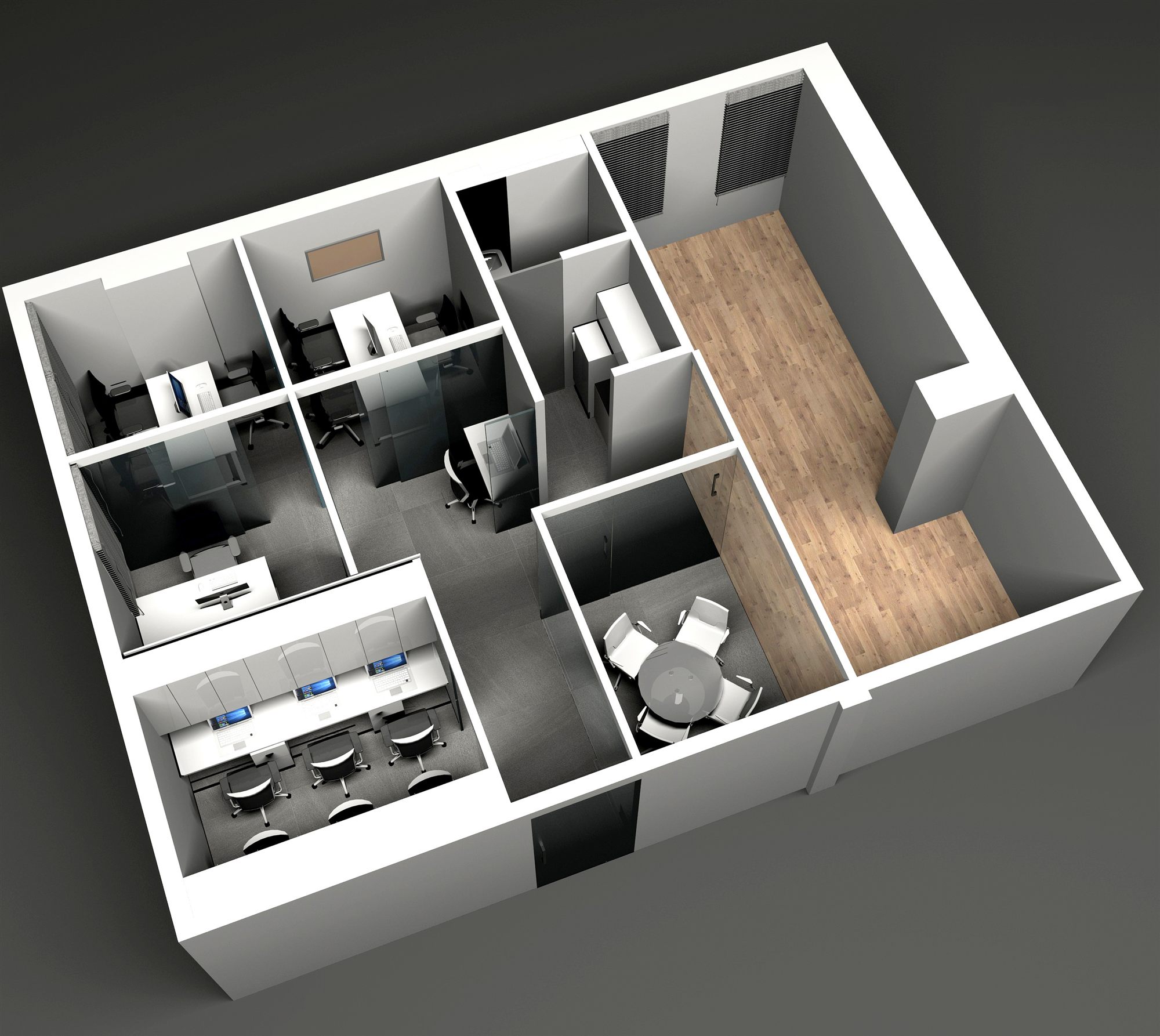 3D cutaway render of the office showing open workstations, glass cabins and the round meeting table, with the wooden-floored corridor along the right.