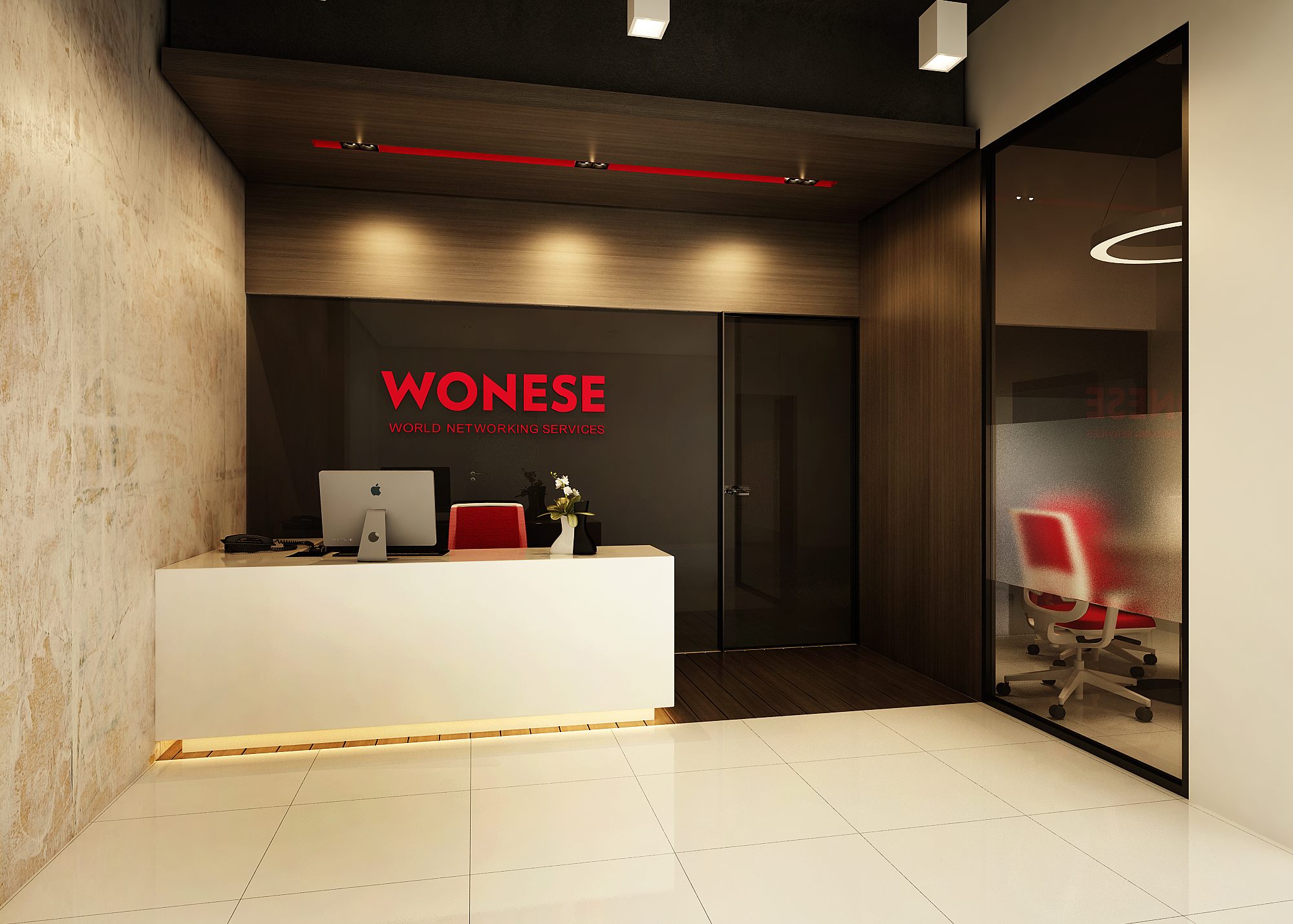 Reception with bold red WONESE branding on a dark wood feature wall above a crisp white desk, framed by a glazed meeting cabin.