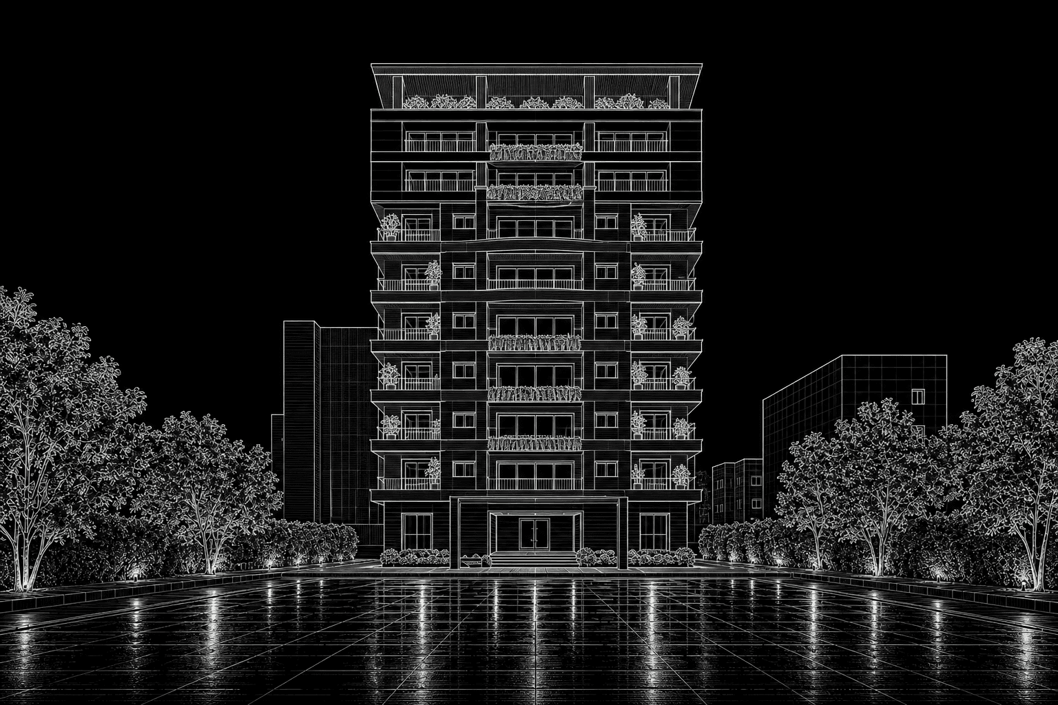 Architectural line drawing of a residential tower with stacked planted balconies and a rooftop canopy.