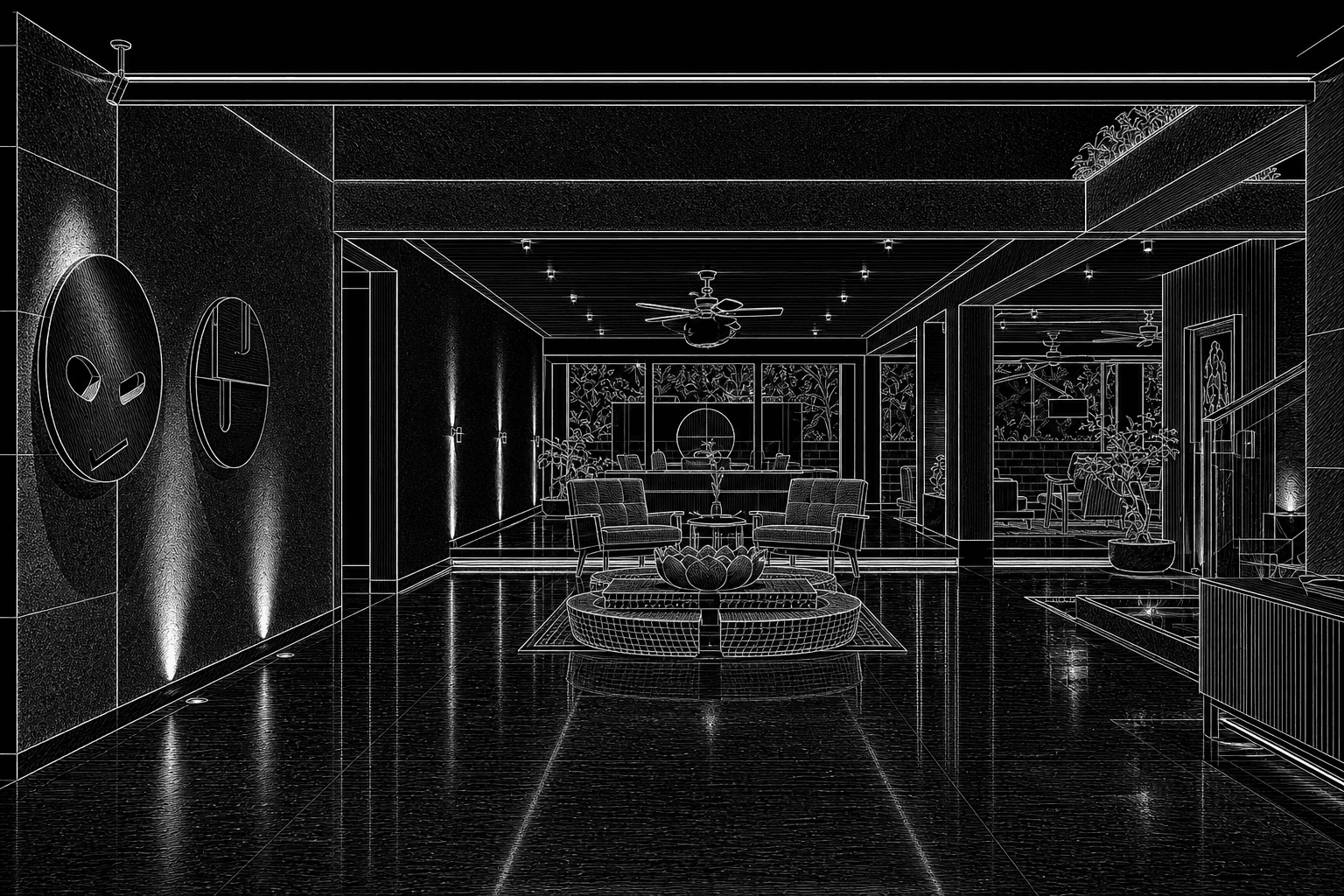 Architectural line drawing of a villa living hall with sculptural wall art and central seating.