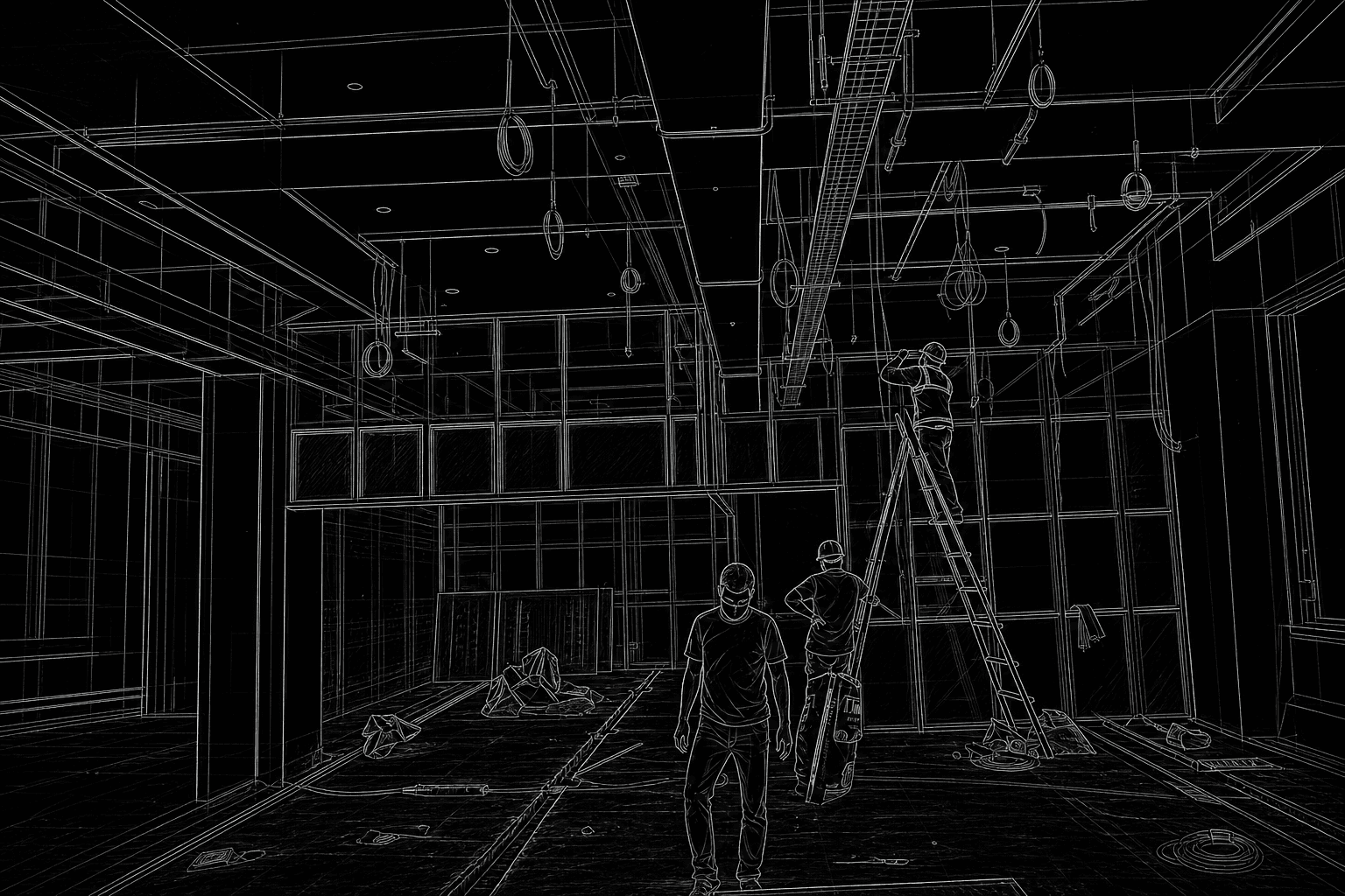 Architectural line drawing of an active office fit-out with exposed services, partition framing and site workers.